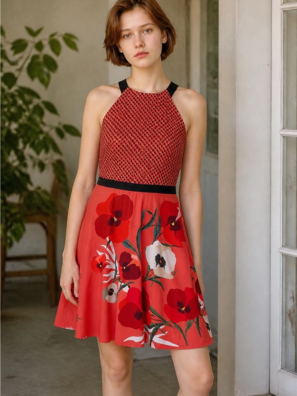 TRISTAN Red Floral Halter style A-Line Dress size 8